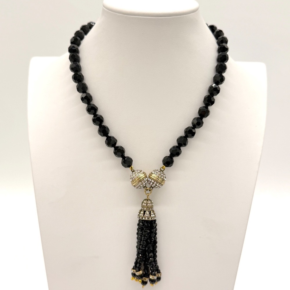 Heidi Daus Black Bead Tassel‎ Necklace Rhinestone Statement Gold Tone Glam